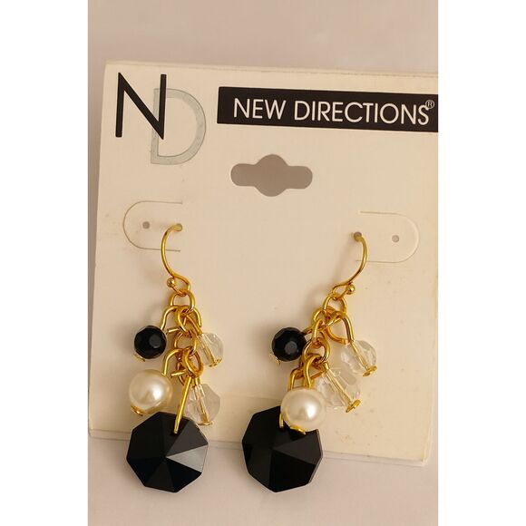 NWT New Directions Gold Tone Dangle Earrings Black Faux Pearl Crystal Beads 1.5" - Picture 3 of 3